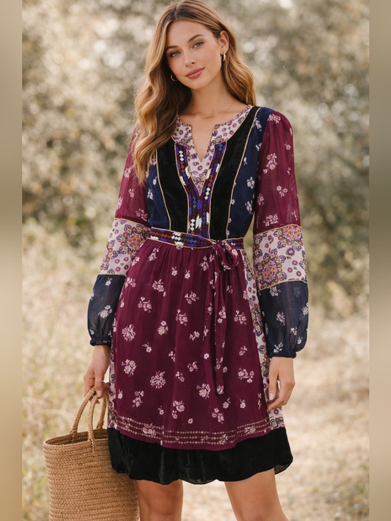 Maeve Dresses & Skirts - Maeve Anthropologie Dress Women Boho Floral Velvet Trim Tie XS Sheer Sleeve.